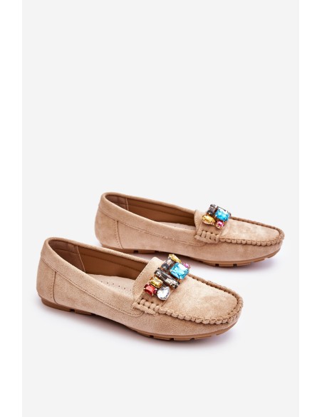Women's Suede Loafers With Crystals Beige Lucille