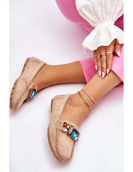 Women's Suede Loafers With Crystals Beige Lucille