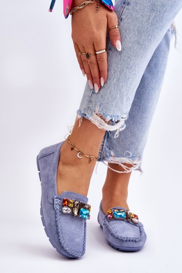 Moteriški zomšiniai batai su kristalais, mėlyni