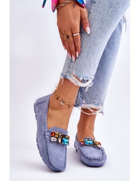 Women's Suede Loafers With Crystals Blue Lucille