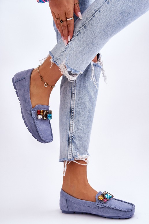 Women's Suede Loafers With Crystals Blue Lucille