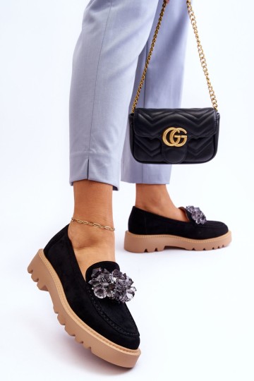 Fashionable suede moccasins with crystals Black Demeris 2