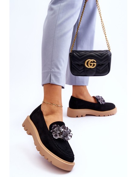 Fashionable suede moccasins with crystals Black Demeris