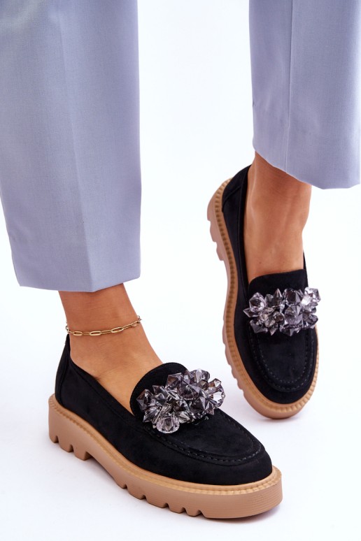Fashionable suede moccasins with crystals Black Demeris