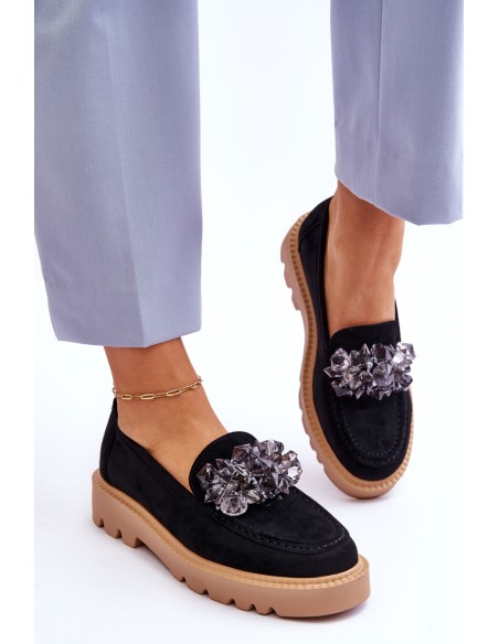 Fashionable suede moccasins with crystals Black Demeris