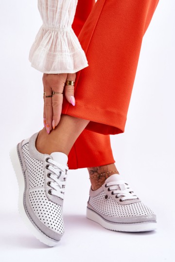 Madingi odiniai ažūriniai sportiniai batai baltai sidabro spalvos Cantare 2