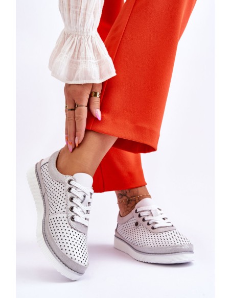 Fashionable Leather Openwork Sports Shoes White-Silver Cantare