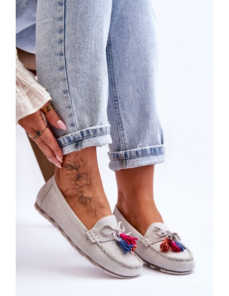 Suede Loafers With Bow And Fringes Gray Dorine