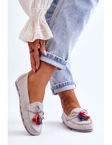 Suede Loafers With Bow And Fringes Gray Dorine