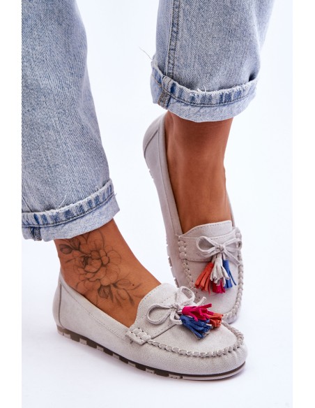 Suede Loafers With Bow And Fringes Gray Dorine