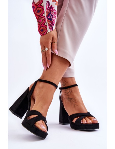 Suede Square Heel Sandals Black Powerful
