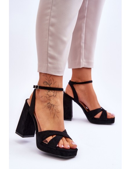 Suede Square Heel Sandals Black Powerful