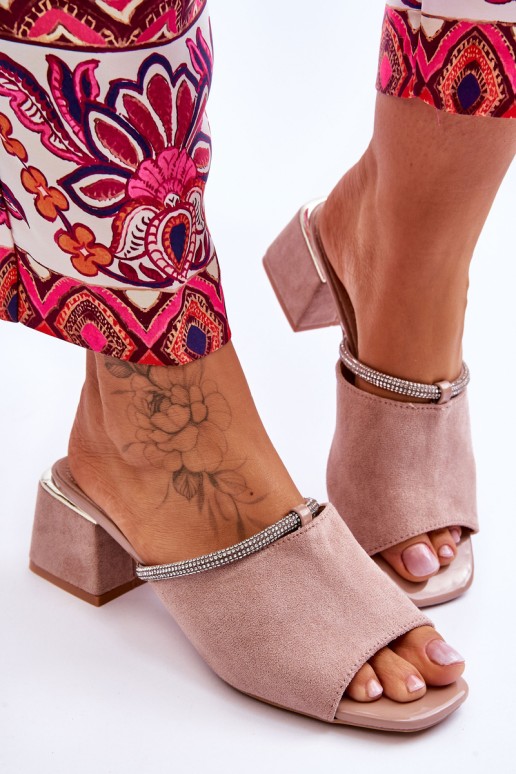 Zomšinės aukštakulnės šlepetės S.Barski KV-612-2 Smėlio spalvos