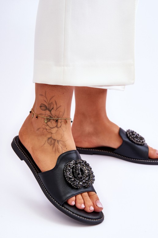 Women's Flat Slippers With Ornaments S.Barski KV-520-3 Black