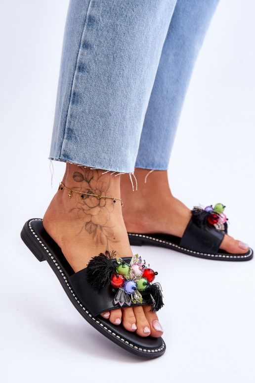 Slippers With Decorative Beads S.Barski KV-2775-47 Black