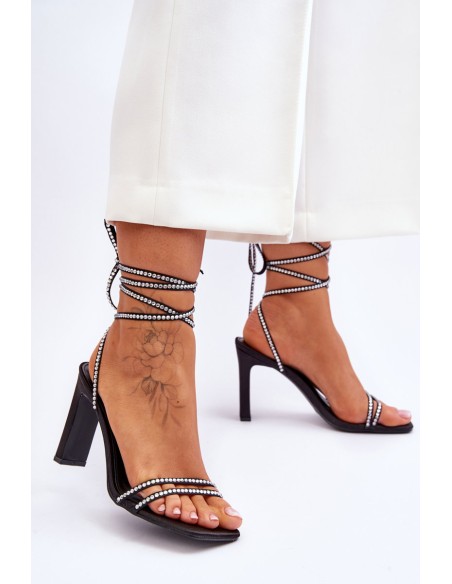 Elegant Tied Sandals With Rhinestones Black Nessy