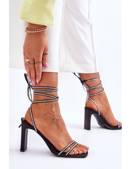 Elegant Tied Sandals With Rhinestones Black Nessy