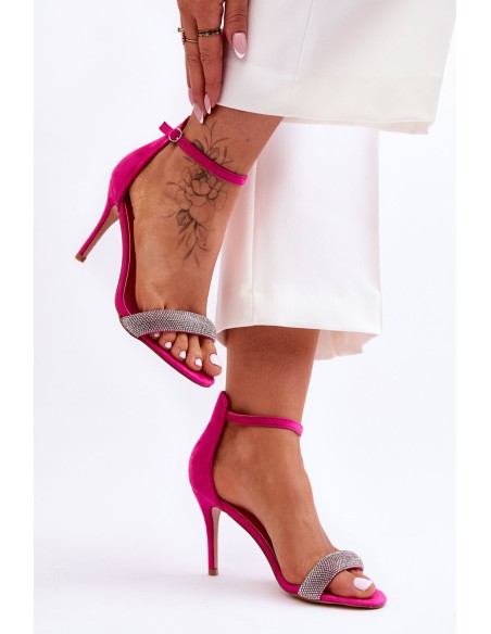 Suede High Heel Sandals With Rhinestones Fuchsia Moments