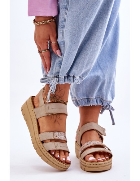 Women's Leather Sandals With Velcro Beige Fresh Look