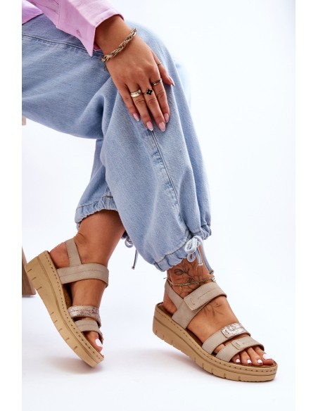 Women's Leather Sandals With Velcro Beige Fresh Look