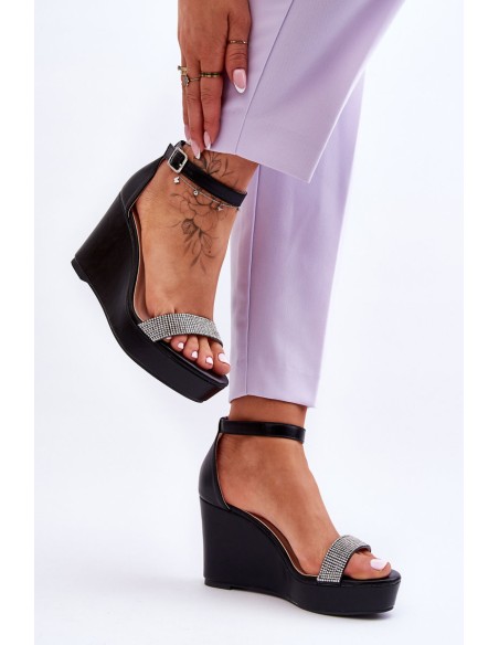 Fashionable Leather Wedge Sandals Black Arwen