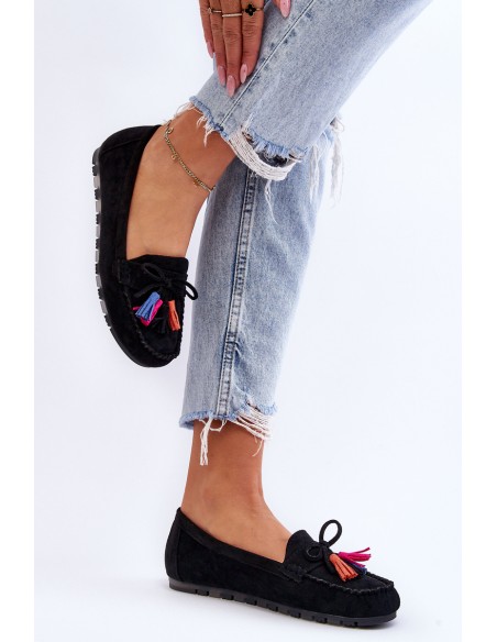 Suede Loafers With Bow And Fringes Black Dorine