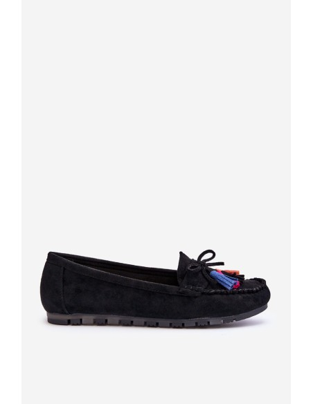 Suede Loafers With Bow And Fringes Black Dorine