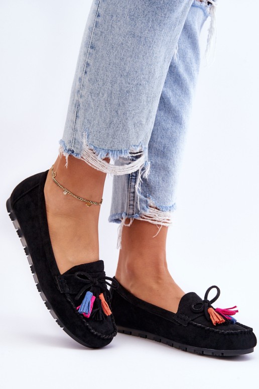 Suede Loafers With Bow And Fringes Black Dorine