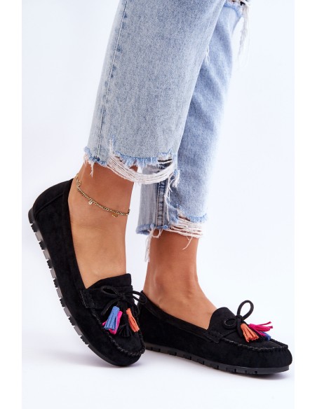 Suede Loafers With Bow And Fringes Black Dorine