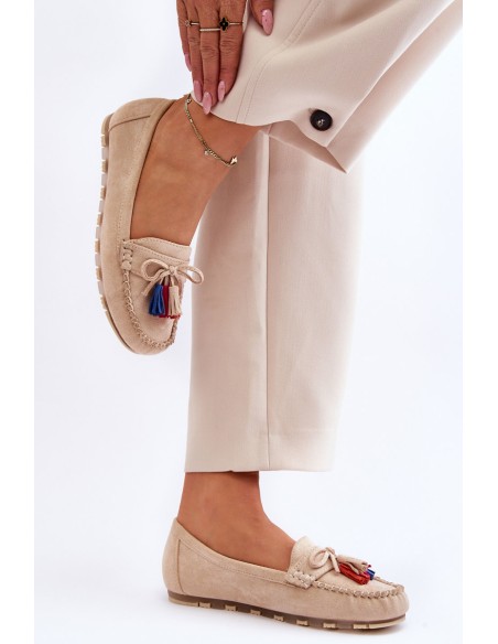 Suede Loafers With Bow And Fringes Beige Dorine