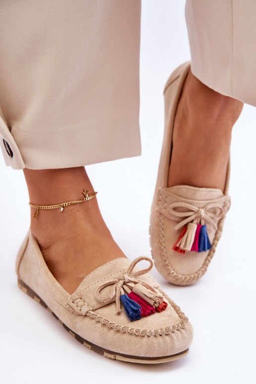 Suede Loafers With Bow And Fringes Beige Dorine