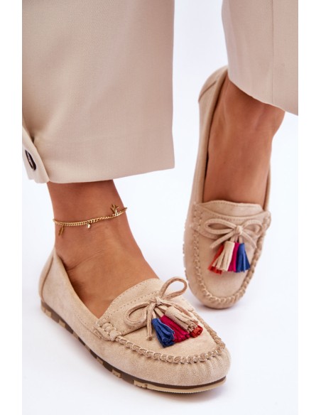 Suede Loafers With Bow And Fringes Beige Dorine