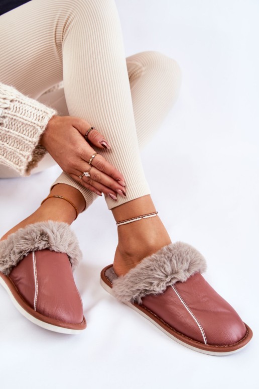 Women's Leather Slippers With Fur Dark pink Rossa