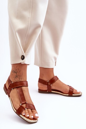 Women's Flat Sandals with Velcro Camel Lissa 2