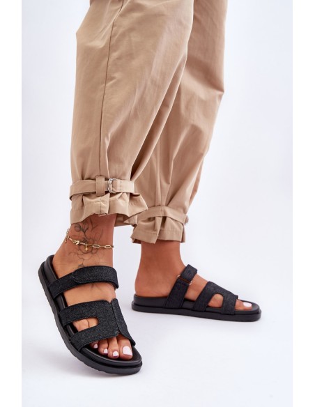 Moteriškos medžiagInės šlepetės su Velcro Black Jose