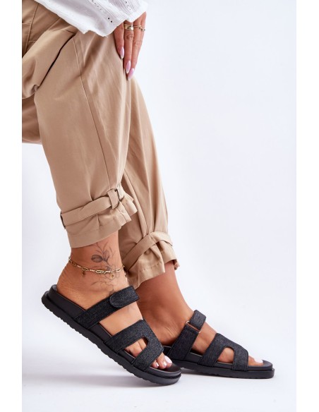 Moteriškos medžiagInės šlepetės su Velcro Black Jose