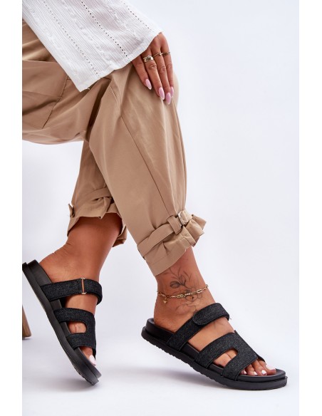 Moteriškos medžiagInės šlepetės su Velcro Black Jose