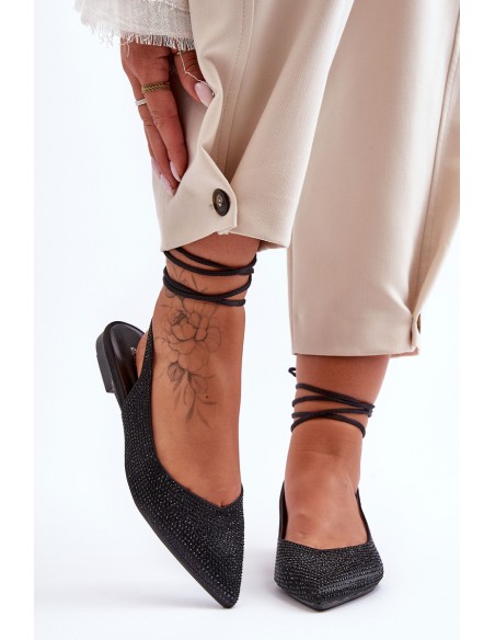 Women's Lace-Up Ballet Flats Embellished with Studs Black Jange