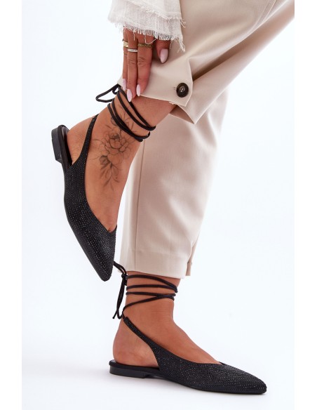 Women's Lace-Up Ballet Flats Embellished with Studs Black Jange