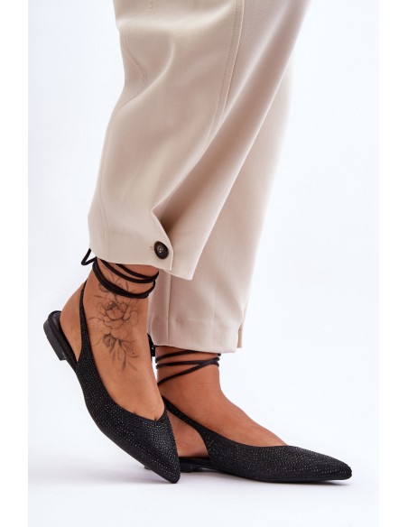 Women's Lace-Up Ballet Flats Embellished with Studs Black Jange