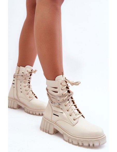 Fashionable Lace-up Boots with Decorative Strip Beige Rocky
