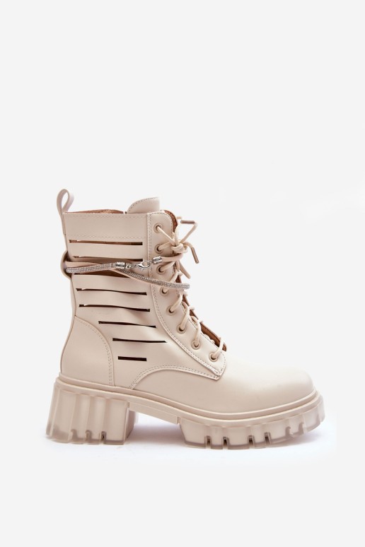 Fashionable Lace-up Boots with Decorative Strip Beige Rocky