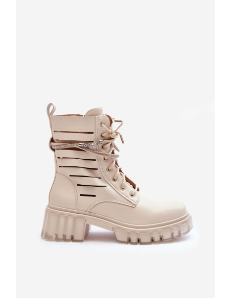 Fashionable Lace-up Boots with Decorative Strip Beige Rocky