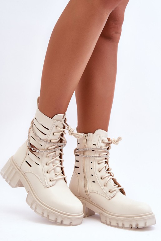 Fashionable Lace-up Boots with Decorative Strip Beige Rocky