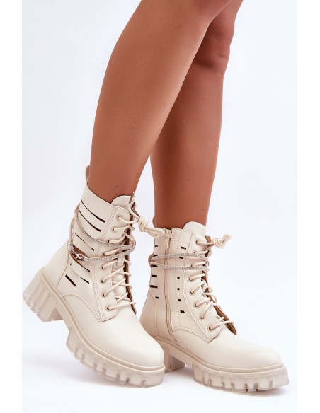 Fashionable Lace-up Boots with Decorative Strip Beige Rocky
