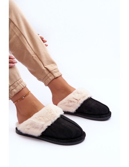 Women's Slippers with Fur Black Pinky