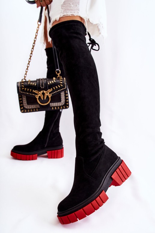 Women's Suede Boots Workers Black and Red Cheera