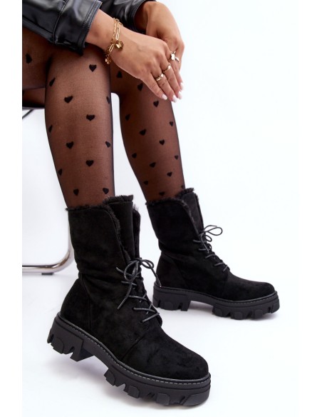 Suede Lace-Up Boots with Faux Fur Workery Black Frendo