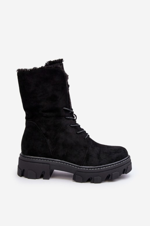Suede Lace-Up Boots with Faux Fur Workery Black Frendo