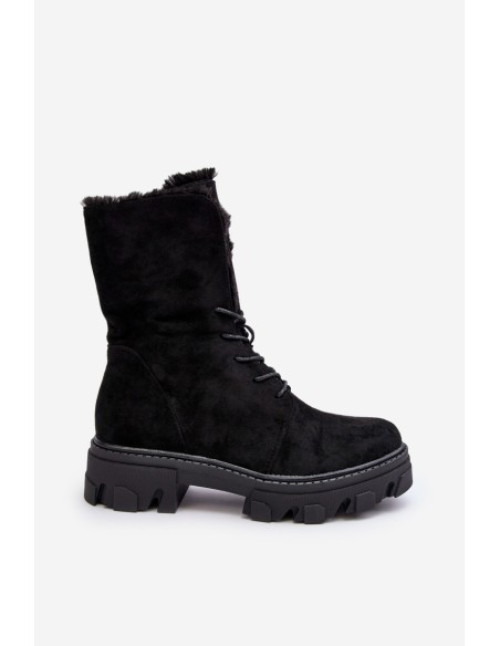 Suede Lace-Up Boots with Faux Fur Workery Black Frendo